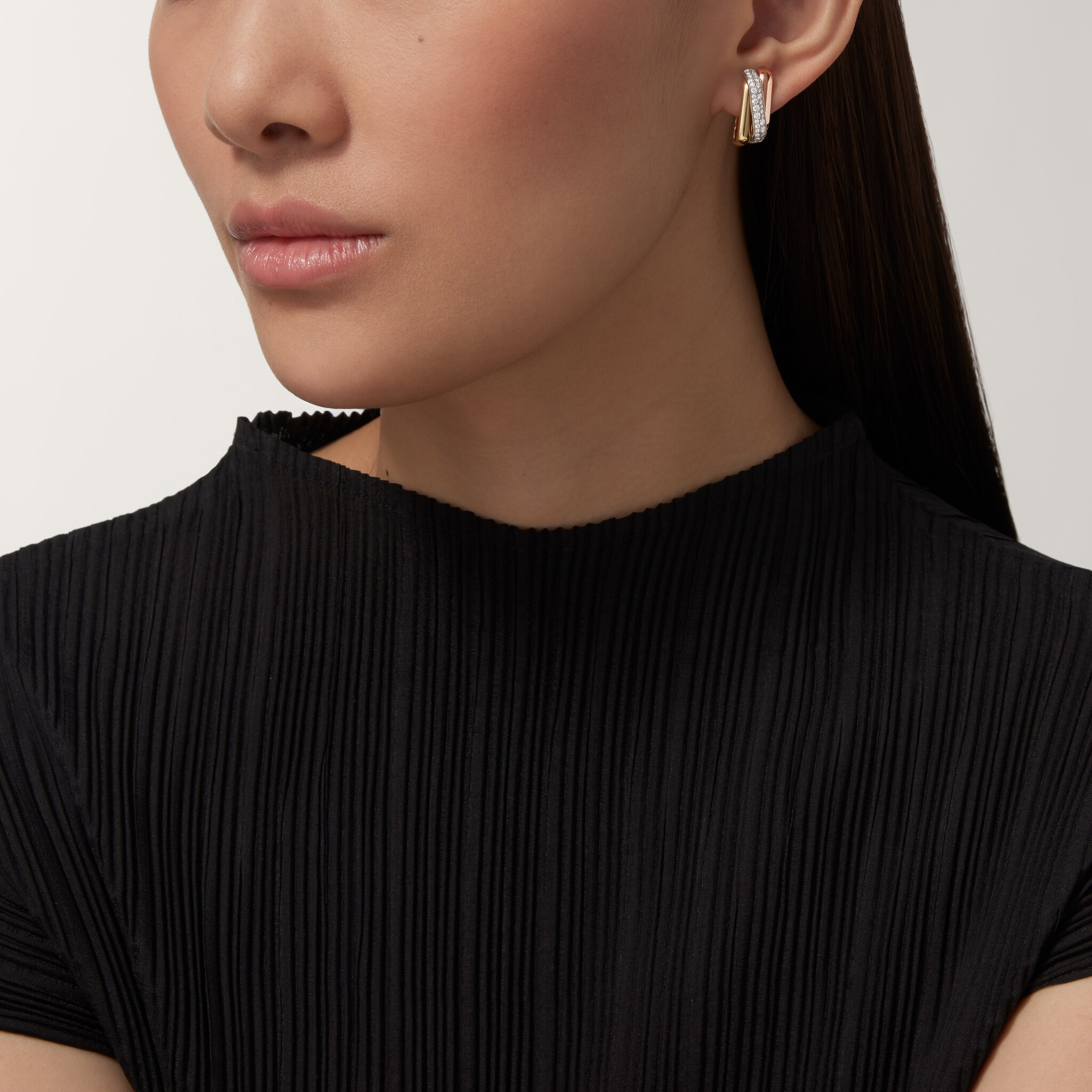 Trinity earrings, cushion-shaped, half-paved