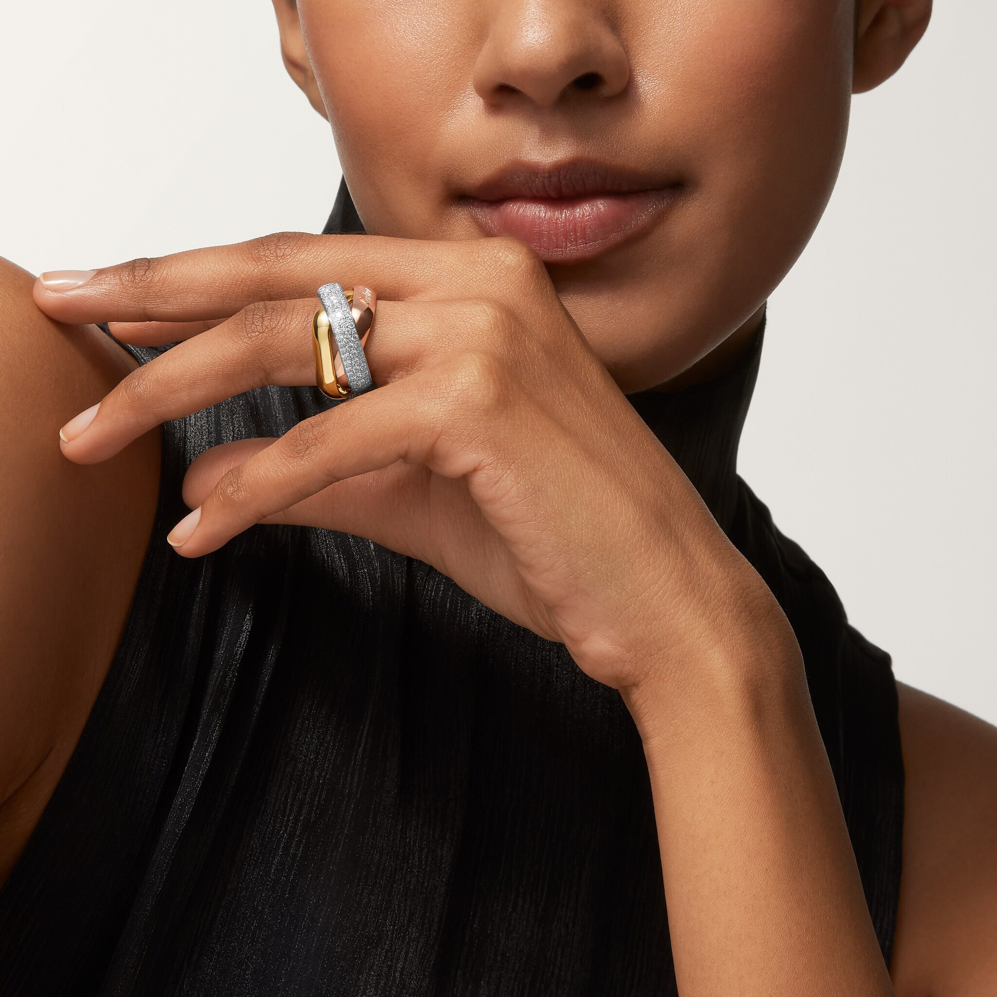 Trinity ring, cushion-shaped, large model, half-paved