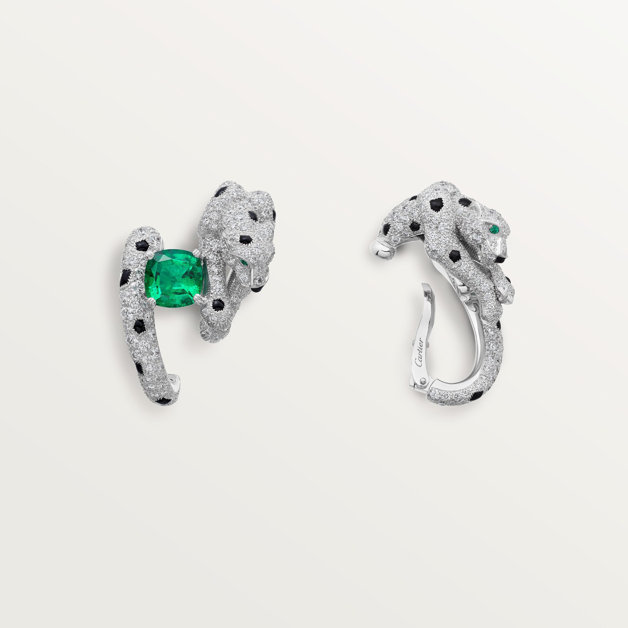 Panth&egrave;re de Cartier earrings, cushion-cut emerald, paved