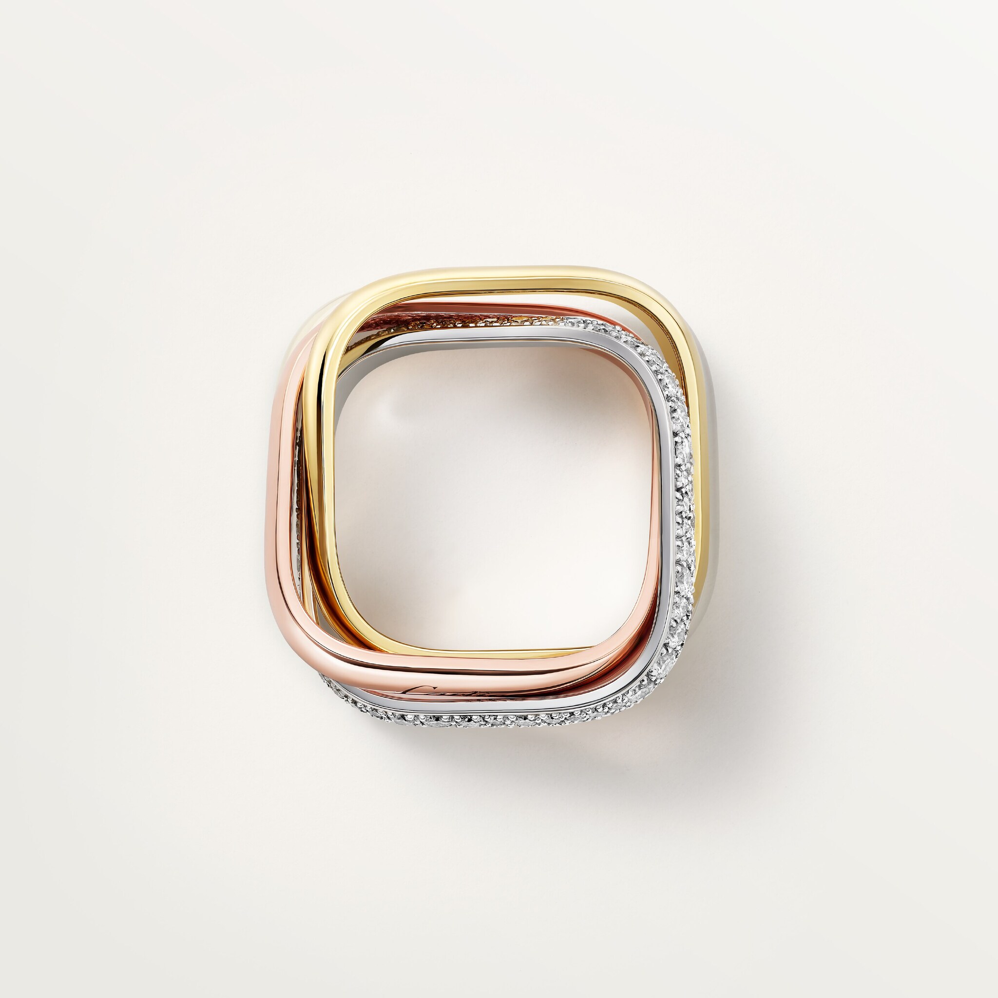 Trinity ring, cushion-shaped, medium model, half-paved