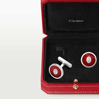Double C de Cartier logo cufflinks with burgundy lacquer Sunray motif Double C de Cartier logo cufflinks with burgundy lacquer Sunray motif