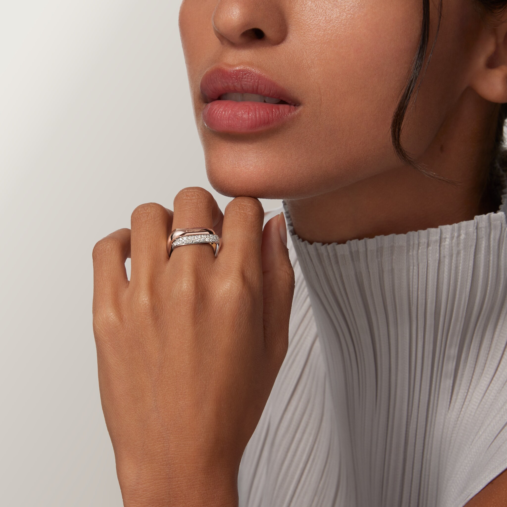 Trinity ring, cushion-shaped, medium model, half-paved