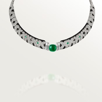 Panthère de Cartier necklace, cabochon-cut emerald, paved  Panthère de Cartier necklace, cabochon-cut emerald, paved