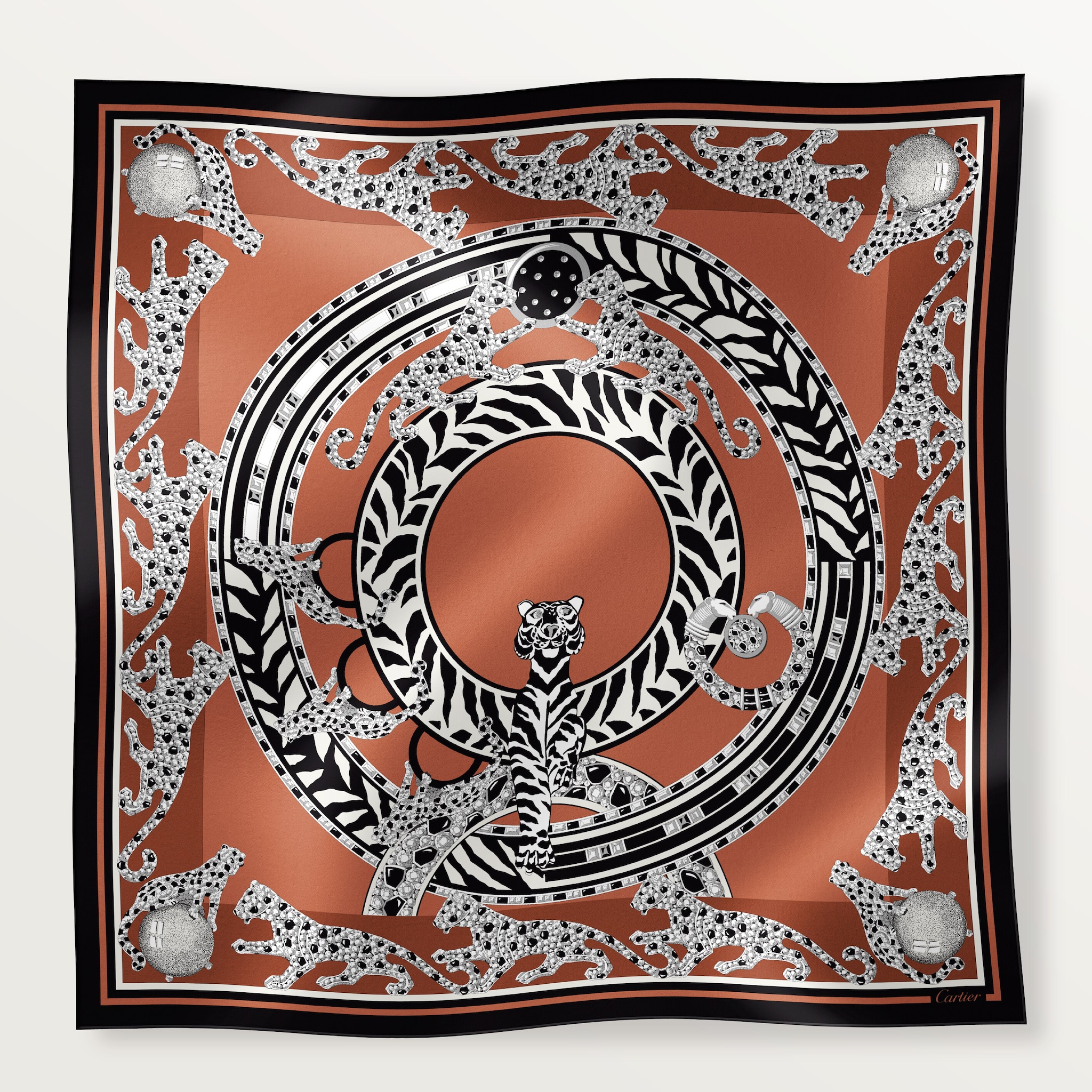 新品　Cartierカルティエ　シルクスカーフ　85×85 Cartier(カルティエ) スカーフ美品 - レッド×アイボリー シルク