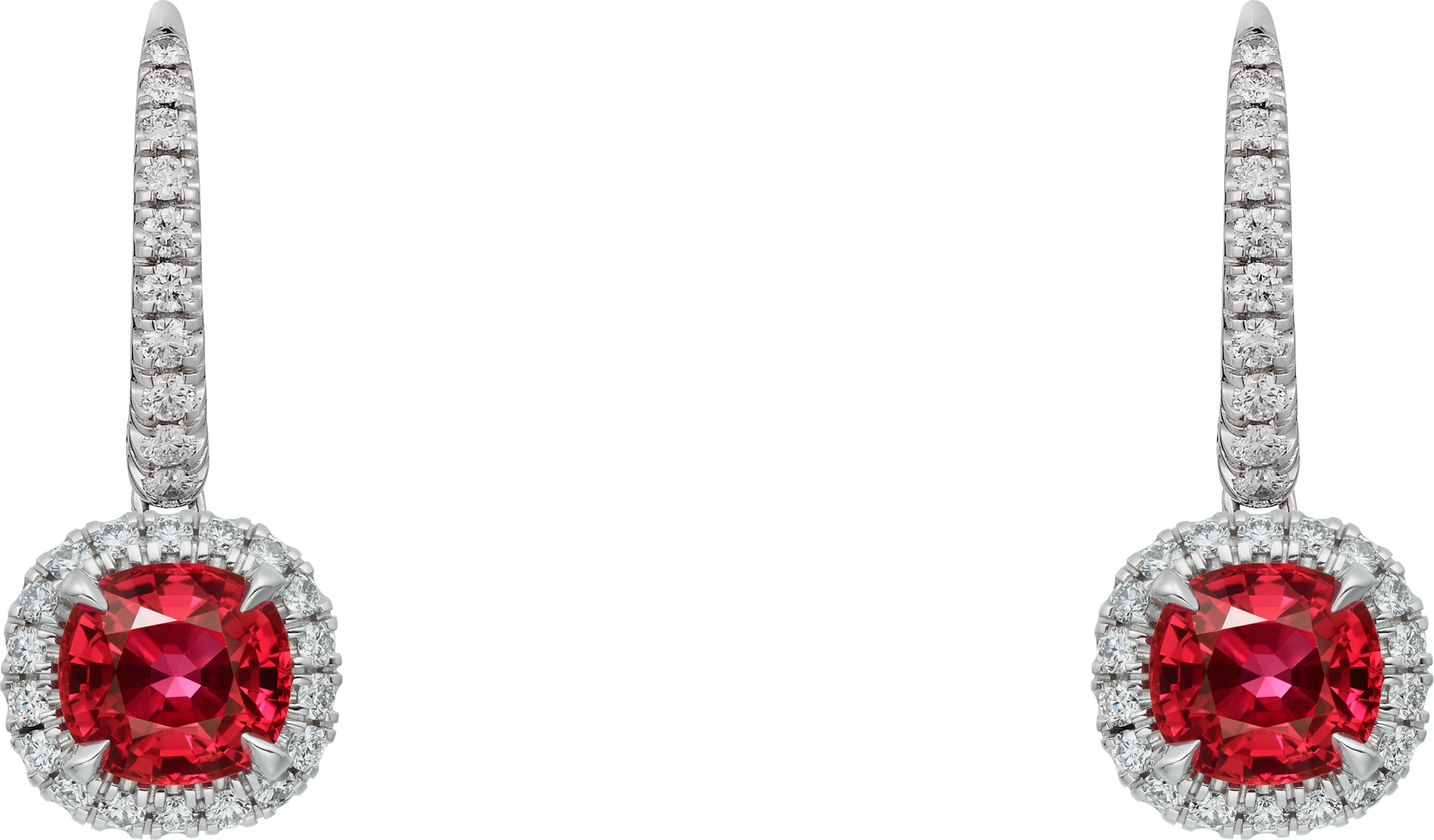 Cartier Destin&eacute;e sleeper earrings, 2 cushion-cut rubies, paved