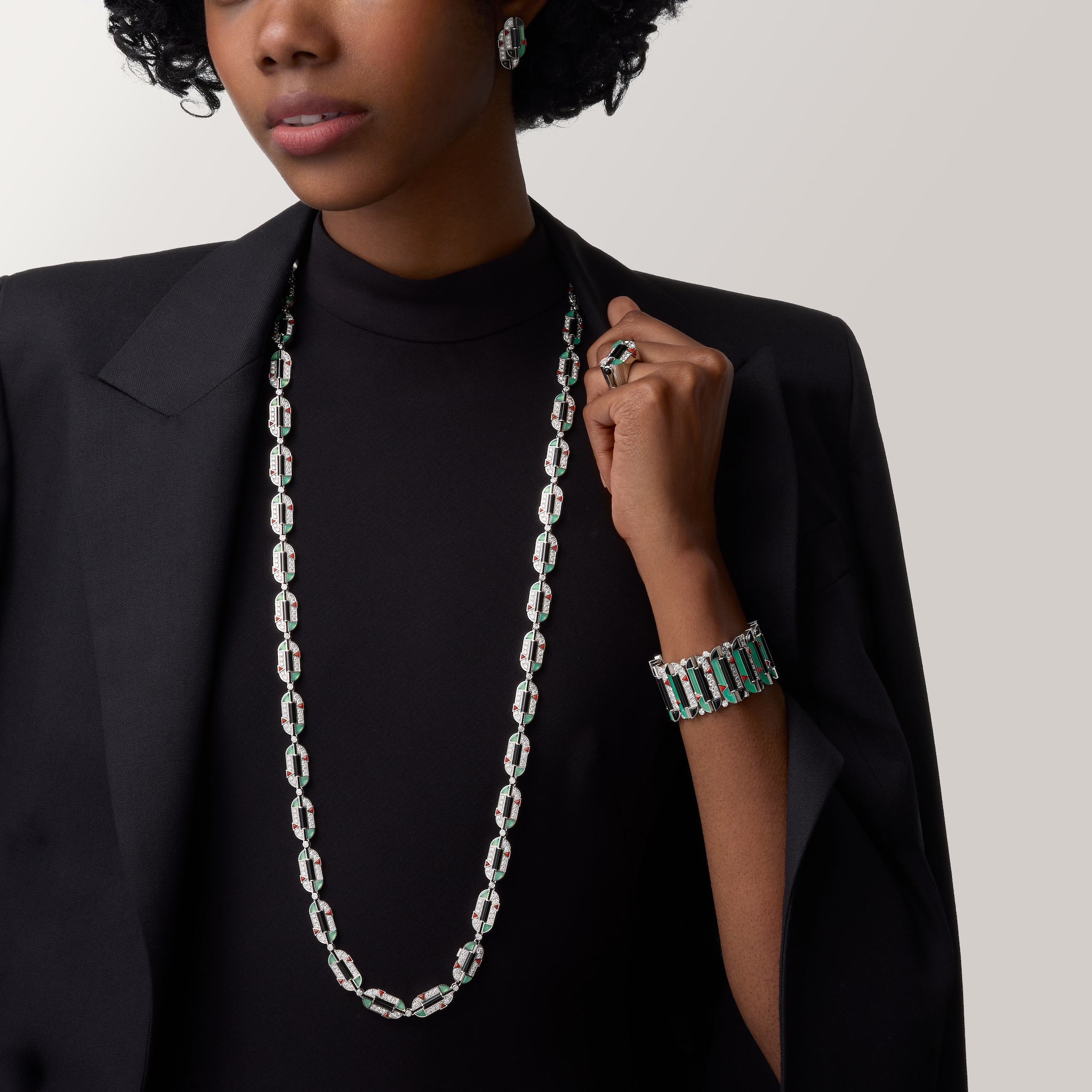 G&eacute;om&eacute;trie & Contrastes earrings, chrysoprase, paved