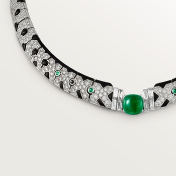 Panthère de Cartier necklace, cabochon-cut emerald, paved  Panthère de Cartier necklace, cabochon-cut emerald, paved