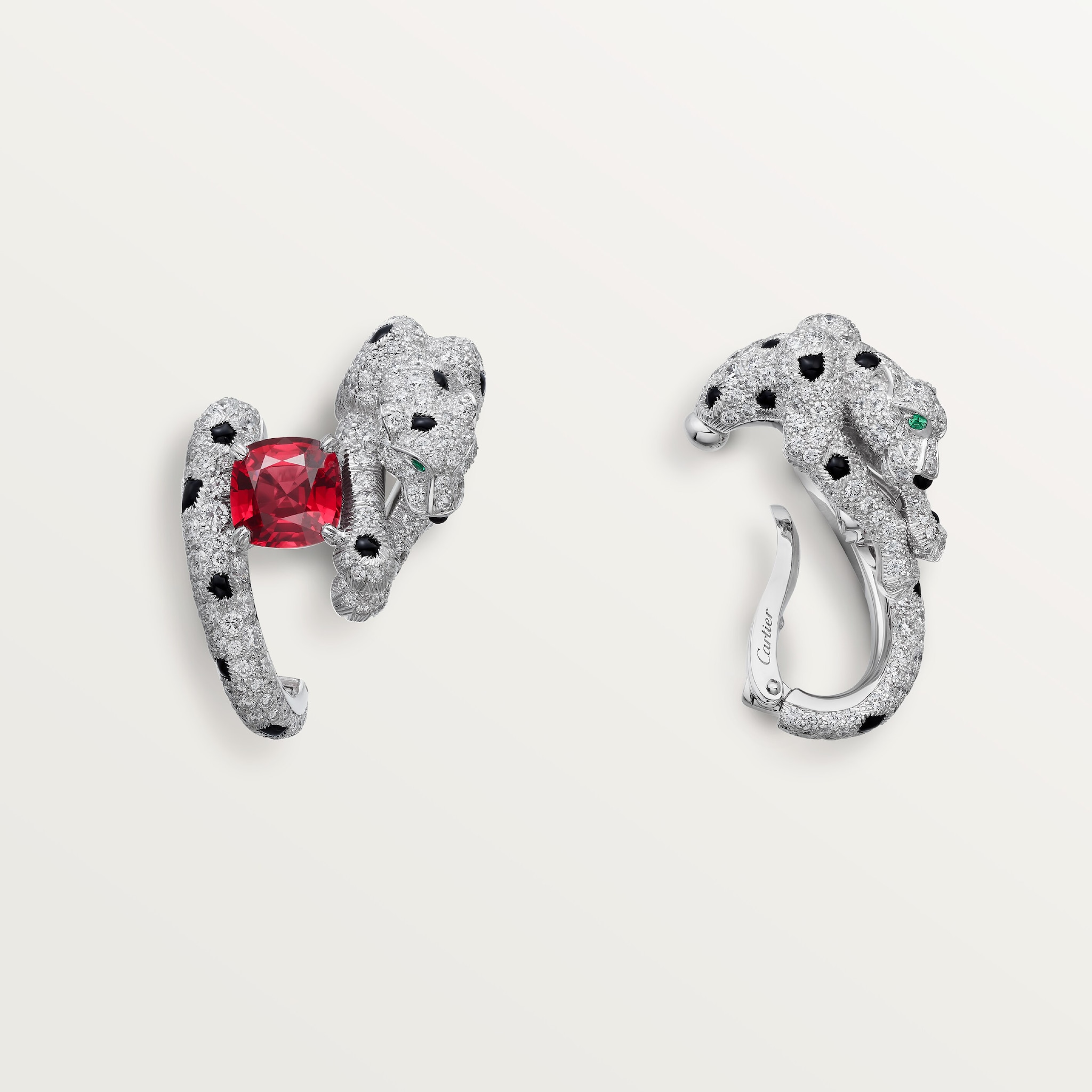 Panth&egrave;re de Cartier earrings, cushion-cut ruby, paved
