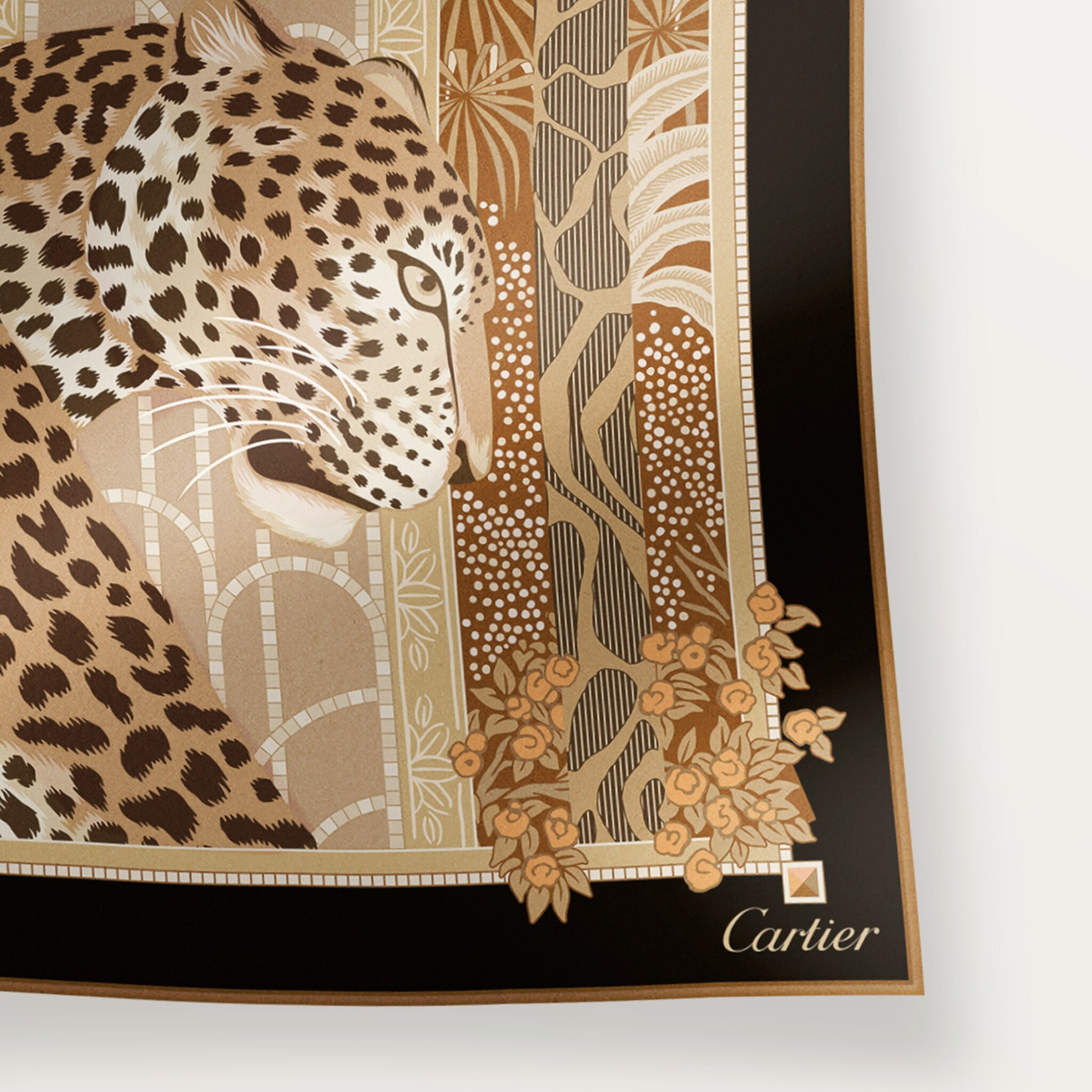 Cartier Panther Scarf カルティエ　スカーフ 90 scarf, Panthère reissue - Caramel silk twill - CROS000246