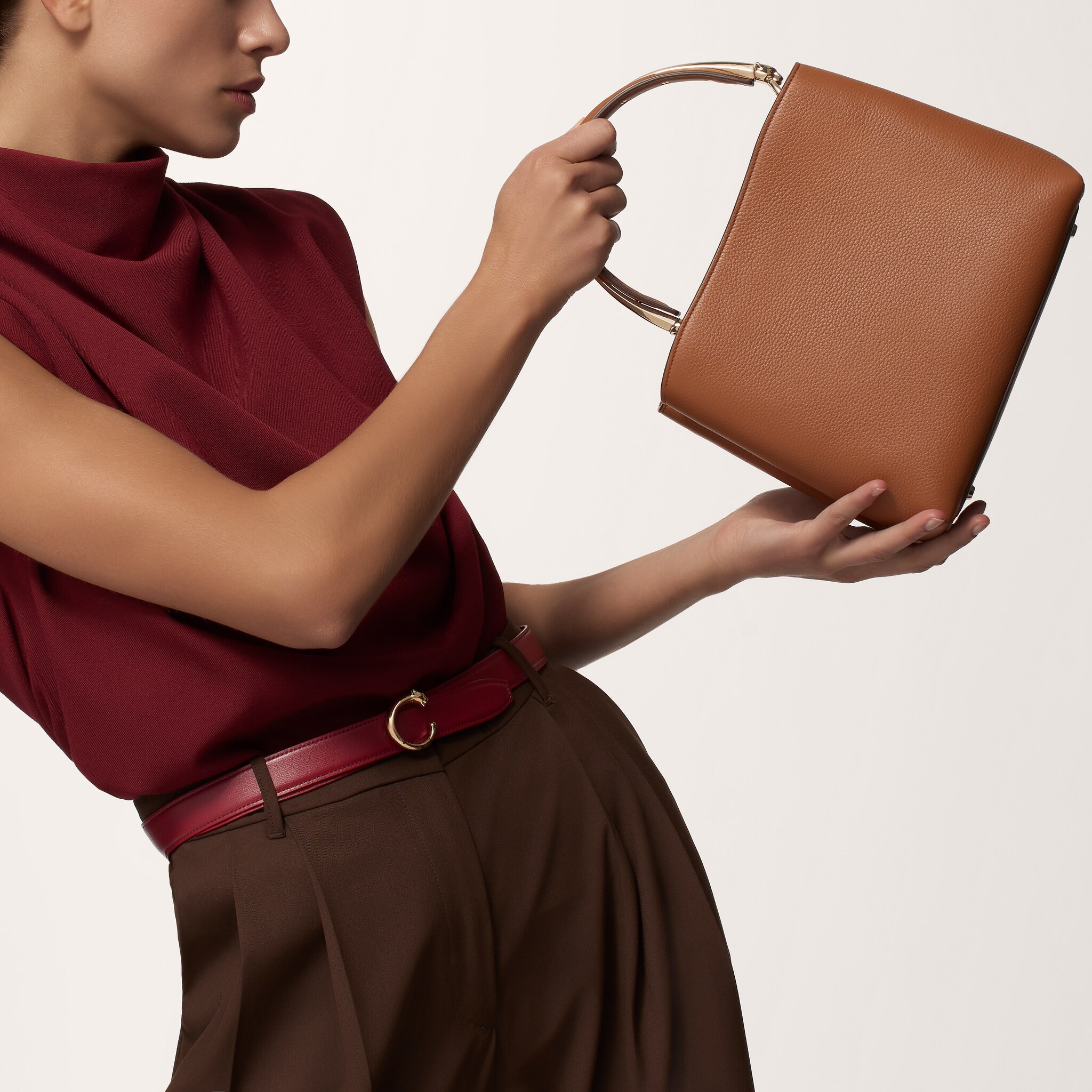 Cartier ダークブラウン レザー バッグ Small bag, Panthère Double - Plum grained calfskin - CRL1002585