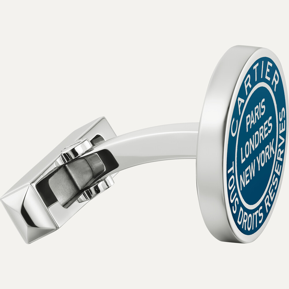 Запонки Double C de Cartier, мотив серебристая печать, лак синего цвета