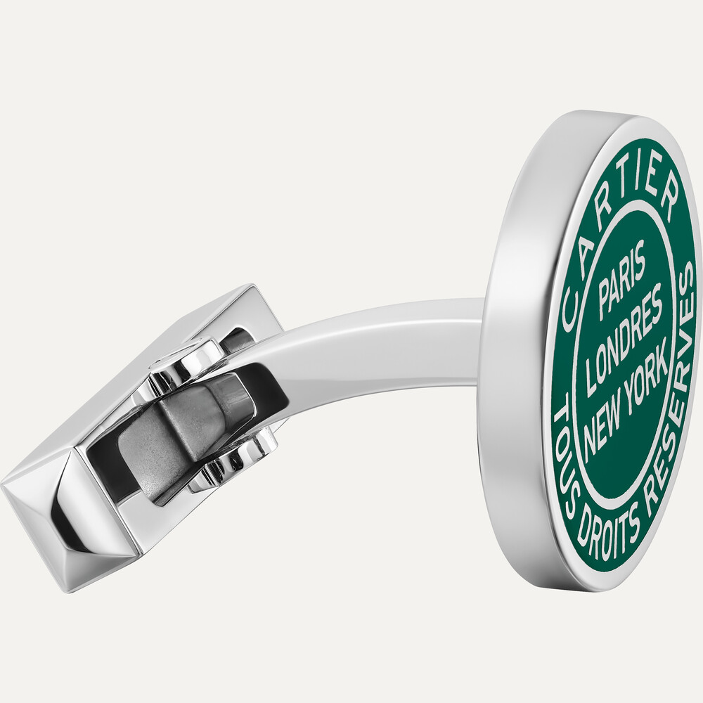 Запонки Double C de Cartier, мотив серебристая печать, лак зеленого цвета