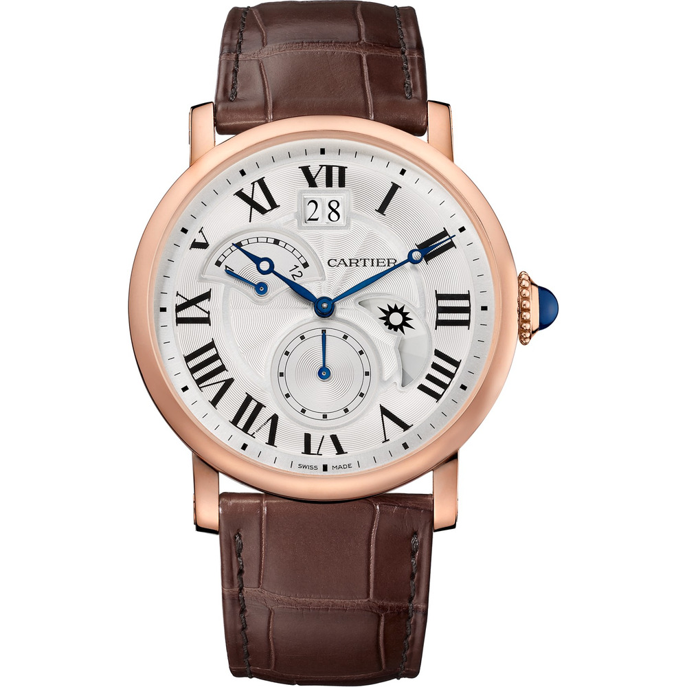 Часы Rotonde de Cartier, большое окошко даты, ретроградный индикатор времени второго часового пояса, указатель «день/ночь«