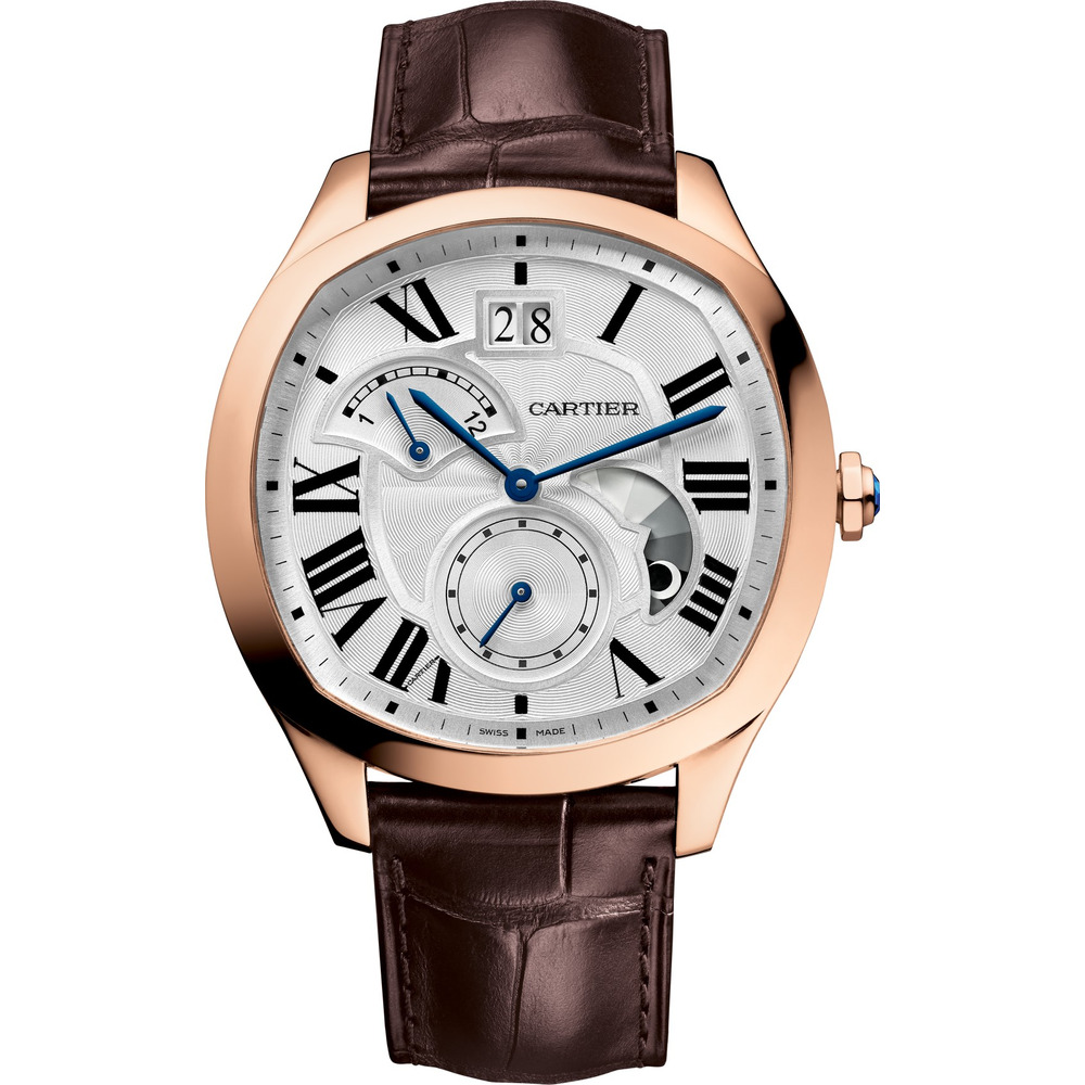 Часы Drive de Cartier, большое окошко даты, ретроградный указатель времени второго часового пояса, индикатор день/ночь